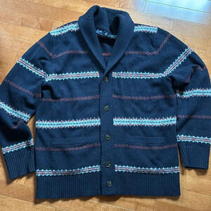 Mens J Crew Navy Blue Lambs Wool Button Up Cardigan